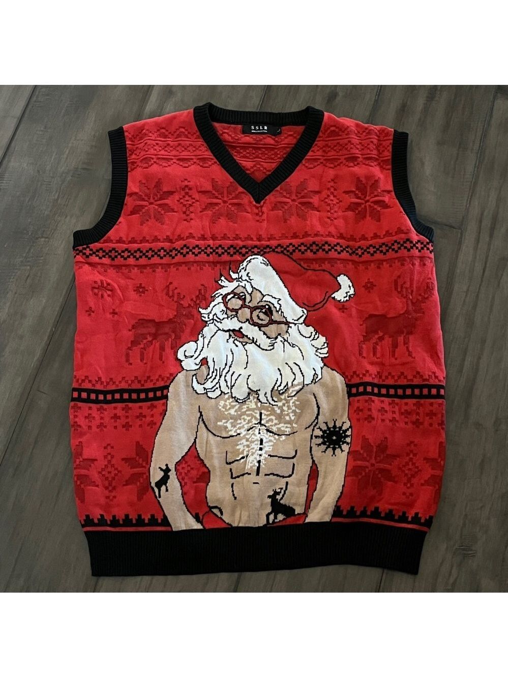 SSLR Buff and Tattooed Santa Christmas Sweater Vest - Size Large
